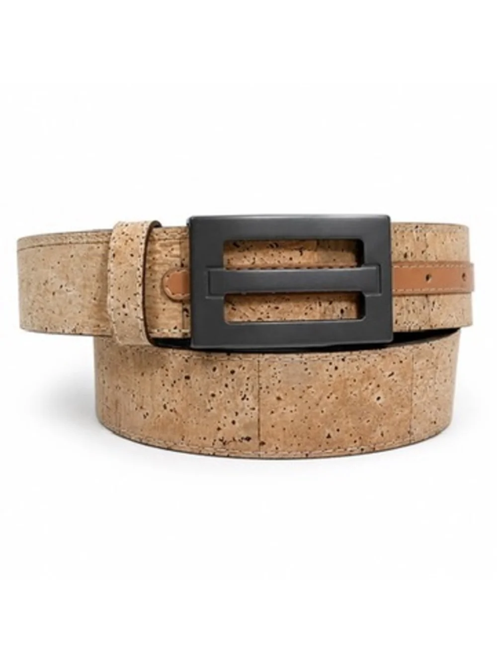 Natural Cork Leather Belt Double Bar Matte Metal Buckle France Made Mens 40